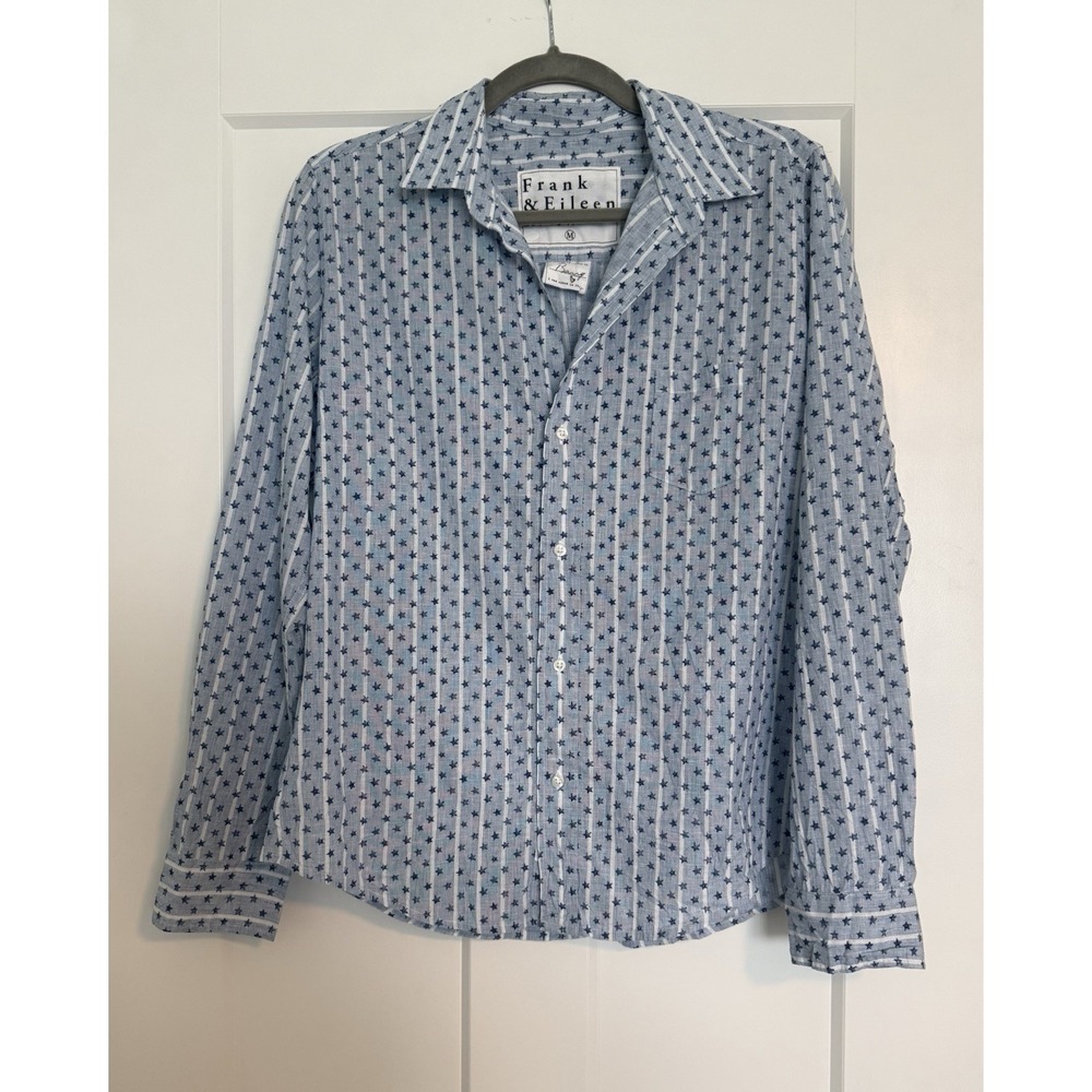 Frank & Eileen Barry Shirt M Blue Stars Stripes Italian Linen Blend Button Up